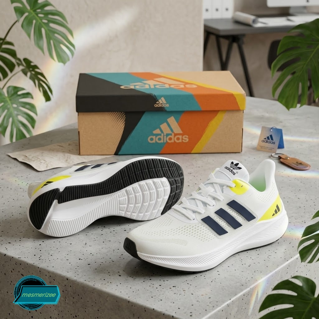 Ultra-Comfort Premium white mesh running sneakers by adidas with matching shoe box.
