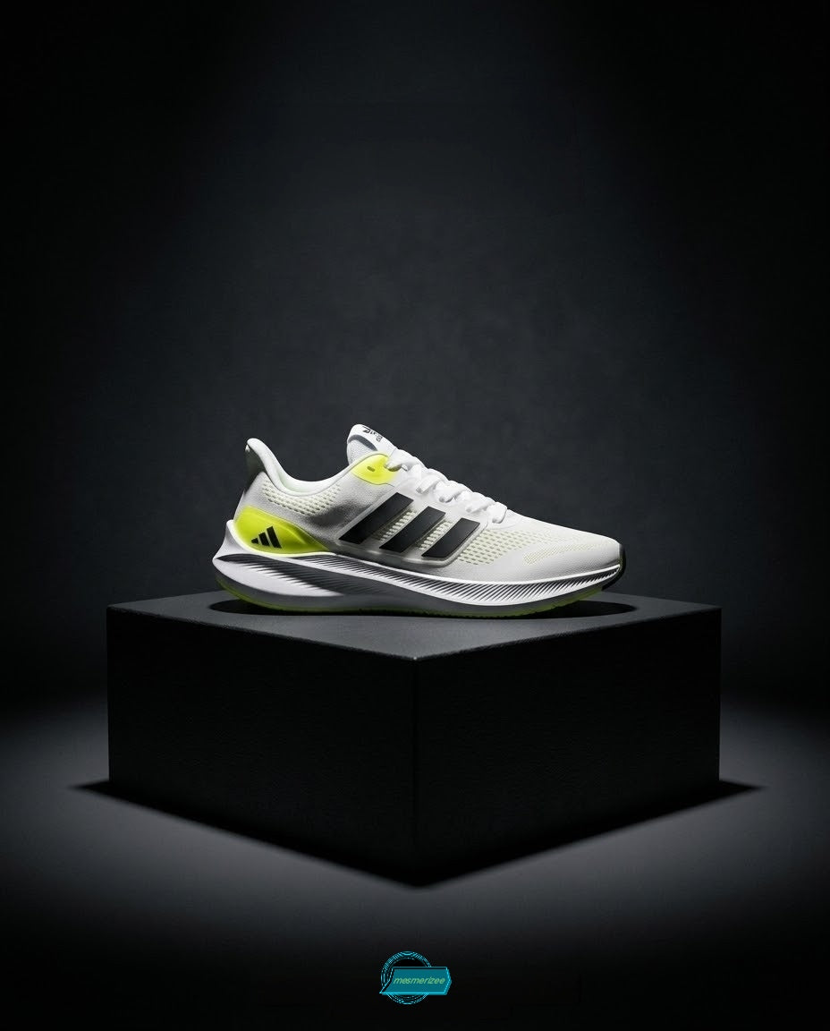 Mesmerizee white premium running mesh sneakers for men with black stripes and yellow accents.
